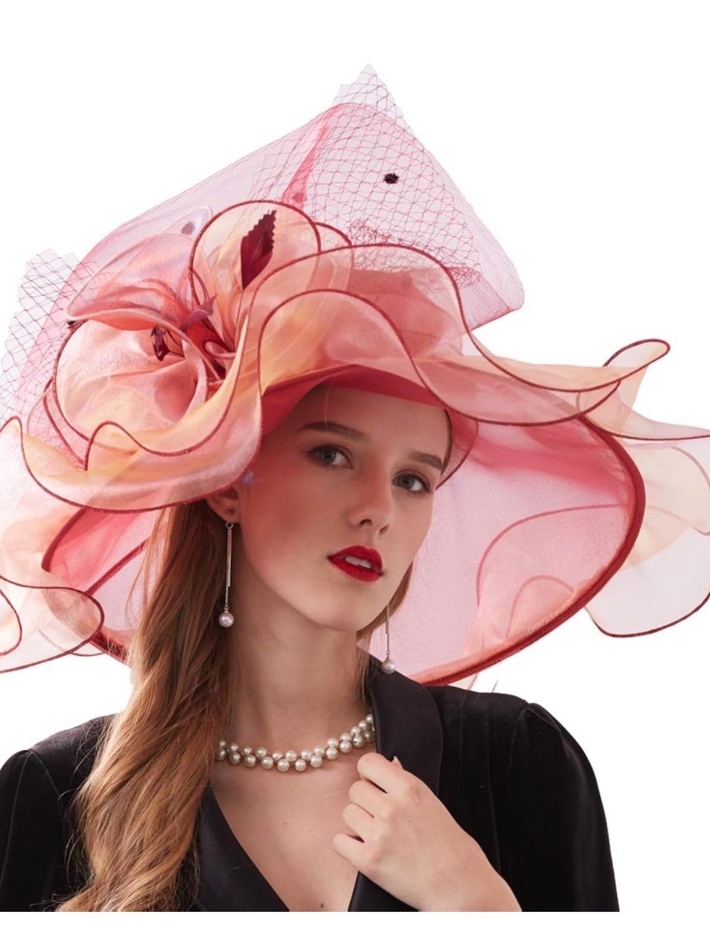 Elegant Pink Floral Organza Wide-Brim Hat for Women